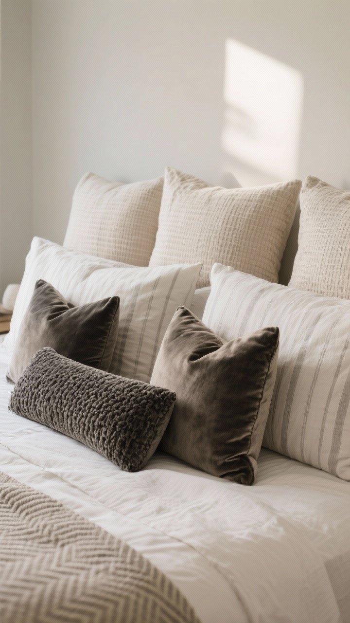 Medium shot from a slight side angle focusing on pillow composition: back row of 3 Euro shams in textured linen or waffle in soft neutrals, middle row of standard pillows matching the sheet fabric, front row with 1-2 decorative pillows in velvet and boucle plus a long charcoal or mushroom lumbar to anchor; patterns kept minimal—subtle stripes or tone-on-tone herringbone; bed dressed in quiet neutrals with natural daylight and gentle shadows, no clutter.