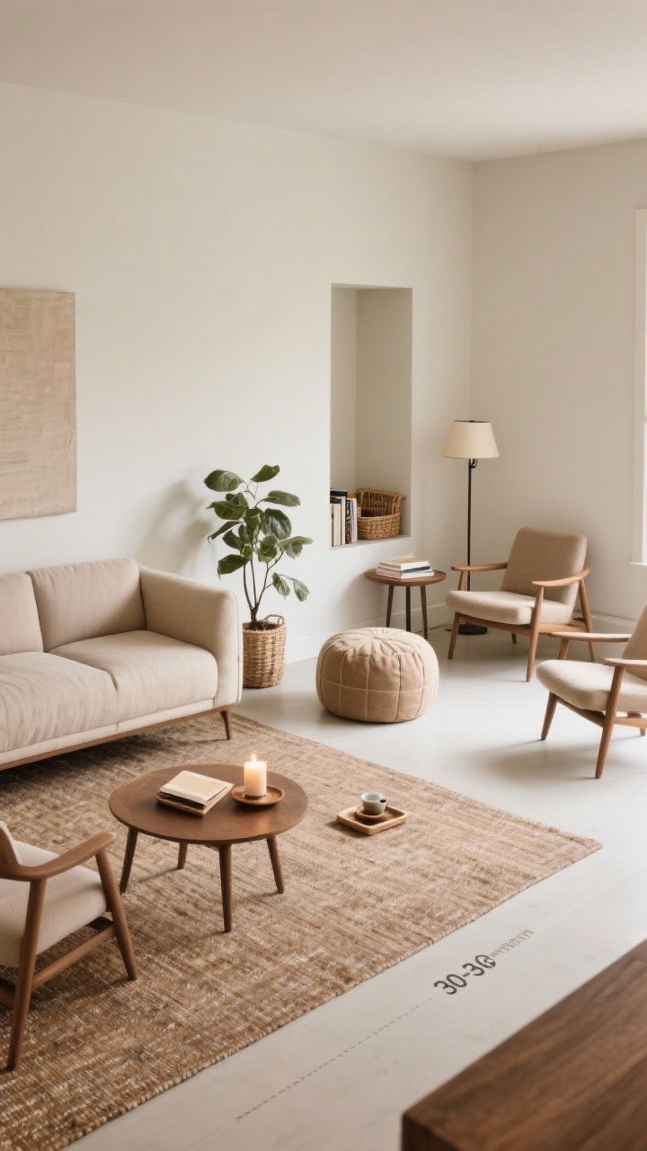 Medium shot from a slightly elevated angle: Intentional zones defined—foreground shows a conversation area with a sofa and two chairs angled inward on a rug that captures all front legs; to the side, a compact reading nook with a comfy chair, slim side table, and floor lamp plus a small basket for books; in a corner, a mindful spot with a low pouf, a plant, a candle, and a tray for tea or journaling. Clear walkways of 30–36 inches, uncluttered surfaces, warm neutral palette, and effortless flow.