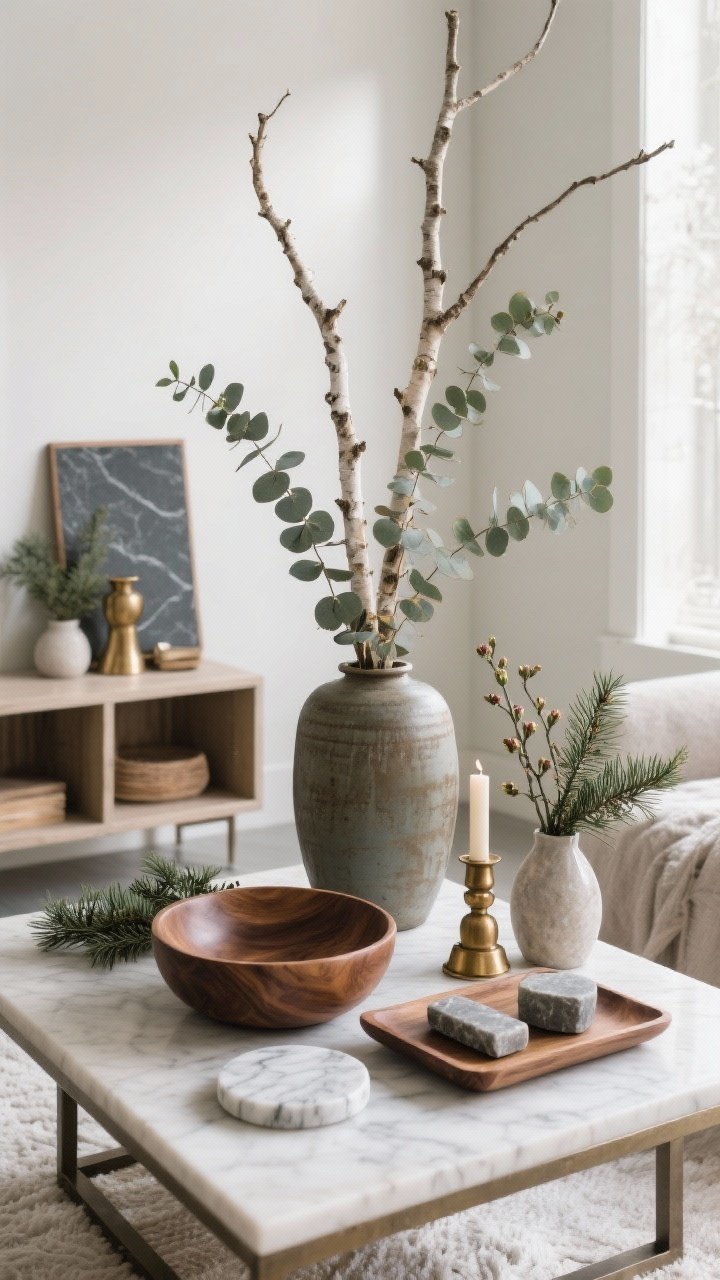 Medium shot highlighting natural elements on a coffee table vignette and nearby console: tall birch or eucalyptus branches in a heavy ceramic vase, walnut and oak bowls/trays, marble coasters, soapstone candle holders, and a slate board; petite evergreen sprigs in bud vases; soft brass and bronze accents intermingled; muted winter palette with natural textures; gentle afternoon light; angled perspective, photorealistic.