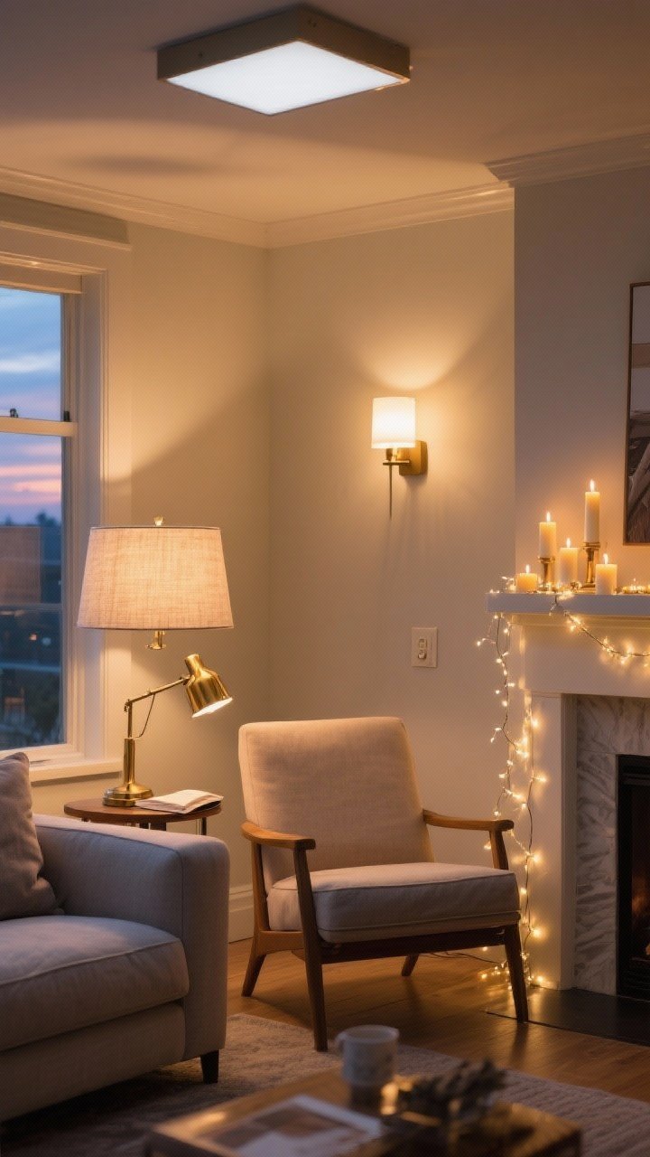 Medium shot living room corner at dusk: Multiple lighting layers create a golden-hour glow—soft fabric-shaded table lamp for ambient light, a brass reading lamp positioned beside a lounge chair for task lighting, and delicate fairy lights plus LED flameless taper candles on a mantel for accent sparkle; all bulbs at 2700K warm white with a visible dimmer switch; cool overhead light off; cozy, inviting mood, photorealistic.
