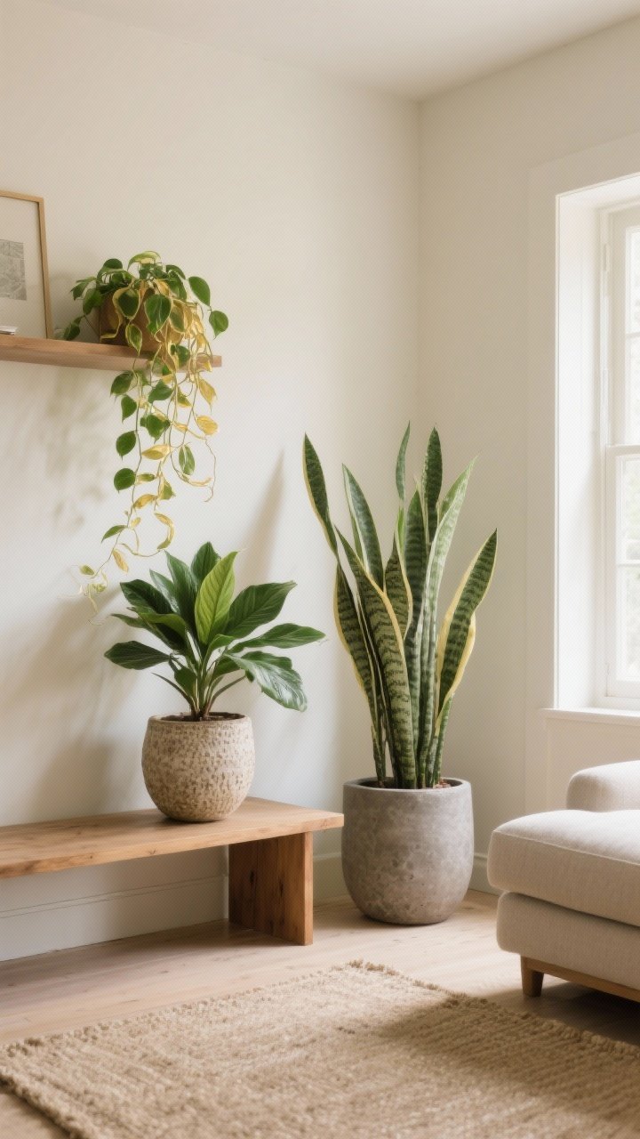 Medium shot, living room “green hearth” cluster of soft, easy greens: a ZZ plant in a textured ceramic pot, a trailing golden pothos cascading from a shelf, and a snake plant making an architectural statement in a matte stone pot; mix heights on a low wooden bench and adjacent floor, neutral palette with cream walls and oat-toned rug, soft indirect daylight from a side window, calm hygge mood, no people, photorealistic.