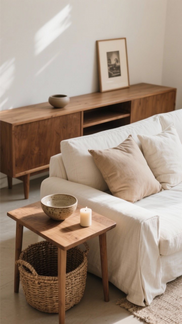 Medium shot, living room vignette showing the “edit first” slow-living reset: a linen sofa with two curated cushions, a handmade ceramic bowl, and a single favorite candle on a wooden side table; 60% of the tabletop and console surfaces intentionally empty; one-in, one-out visual cue with a rehomed pillow in a woven basket under the console; heirloom photo and a single matte ceramic displayed, no clutter; warm natural afternoon light, calm neutral palette of warm whites and latte browns, photorealistic, straight-on angle.