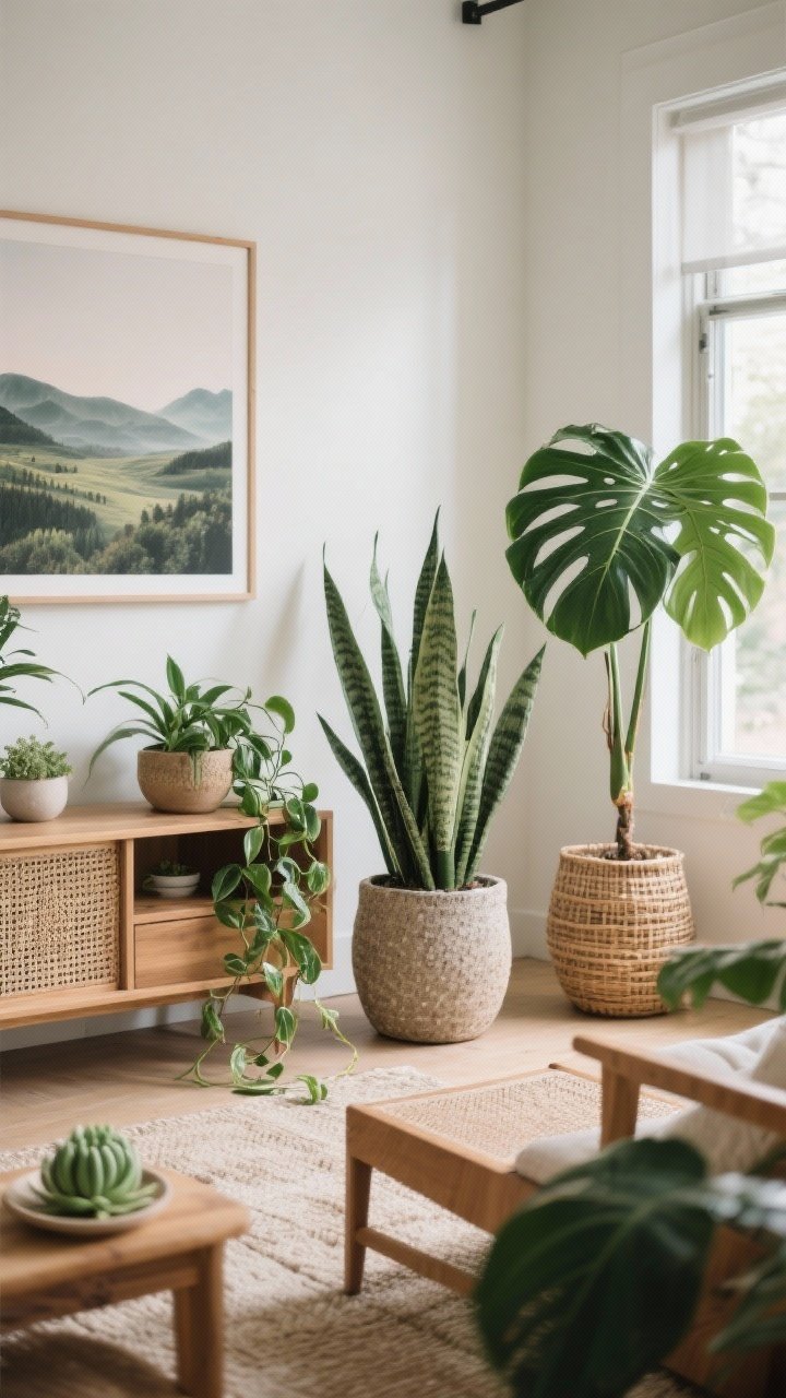 Medium shot: Nature-infused chill zone with a mix of plants—ZZ plant and snake plant on the floor, trailing pothos on a shelf, tabletop jade in a textured pot; optional larger monstera near a window; natural accents in wood, rattan, and jute, plus a serene landscape print on the wall; soft daylight, photorealistic.