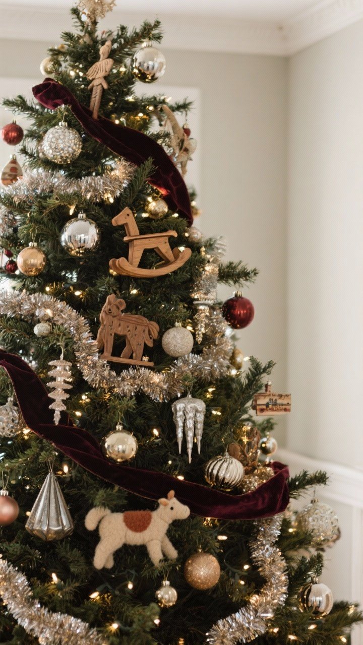 Medium shot of a 1950s-inspired Christmas tree decorated with mixed ornaments: mercury glass balls, wooden toy ornaments, tin icicles, felt animals, and faded vintage baubles. Velvet ribbon cascading in strands, a hint of chunky tinsel used sparingly for shimmer. Lights warm-white; ornaments unevenly spaced for charming imperfection. Corner angle to show depth in branches.