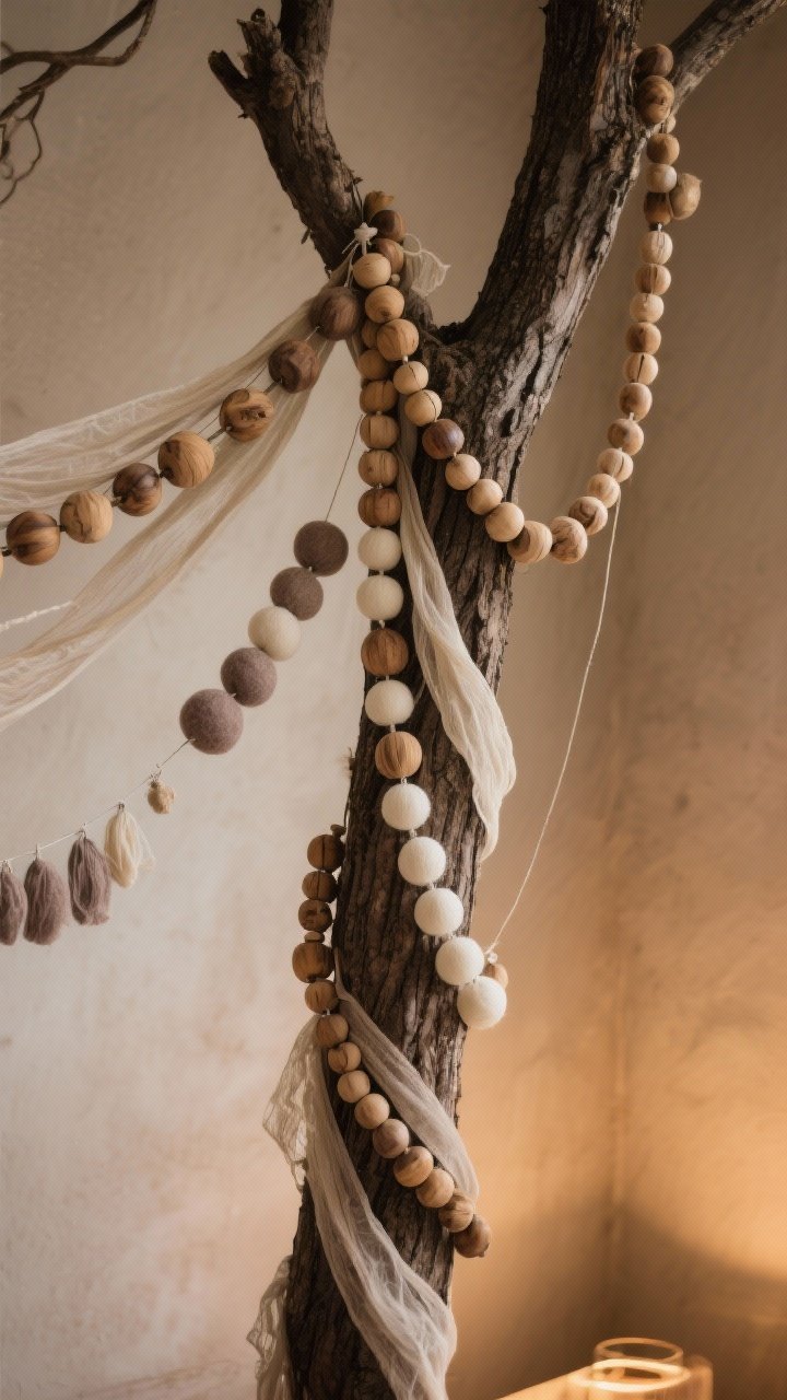 Medium shot of a boho tree highlighting garlands: a chunky natural wood bead garland swagged diagonally from top to bottom, layered with a slimmer felt ball garland in cream and muted taupe; a few strands allowed to hang vertically in one section for a casual “collected” look; additional gauze ribbon threaded gently for softness; warm ambient lighting; photographed from a corner angle to show diagonal arcs and depth, with a matte, earthy backdrop.