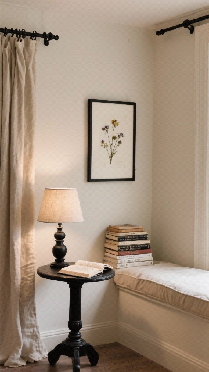 Medium shot of a bookish reading nook: parchment or soft ivory walls, black iron curtain rod and ink-colored lamp base providing crisp accents; pressed wildflowers framed on the wall, stacks of books on a small table, linen shade casting warm light; black used sparingly as punctuation against the neutral base.