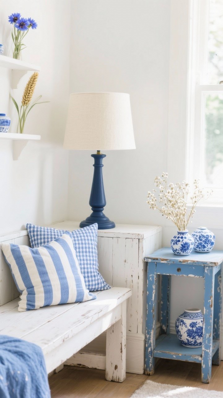 Medium shot of a breezy small living space: cornflower and sky blue accents with cream dominating; blue gingham and ticking stripe cushions on a whitewashed wood bench, distressed blue side table, blue-and-white ceramics, and a sprig of dried baby’s breath; a subtle navy lamp base adds depth; bright morning light.