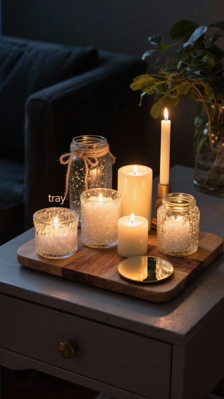 Medium shot of a candle glow cluster on a wooden cutting board “tray” atop a side table: mismatched glass jars frosted with Epsom salt sparkle, holding varied-height tea lights, LED pillars, and a slender taper. Grouped in fives with odd-number balance, warm golden light reflecting off a mirrored coaster tucked in the arrangement. Background subtly dark to heighten the warm-white glow; twine accents on a jar neck; safe spacing from nearby greenery. Photorealistic, moody evening lighting.