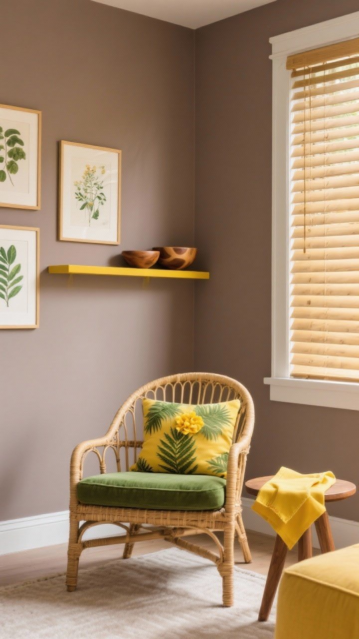 Medium shot of a cheerful sitting area: mushroom taupe walls as the grounding base, rattan chair with fern green cushion, buttercup yellow napkins on a side table, botanical prints on the wall; bamboo blinds filtering daylight, wood bowls on a shelf; yellow used as small, sunny accents.