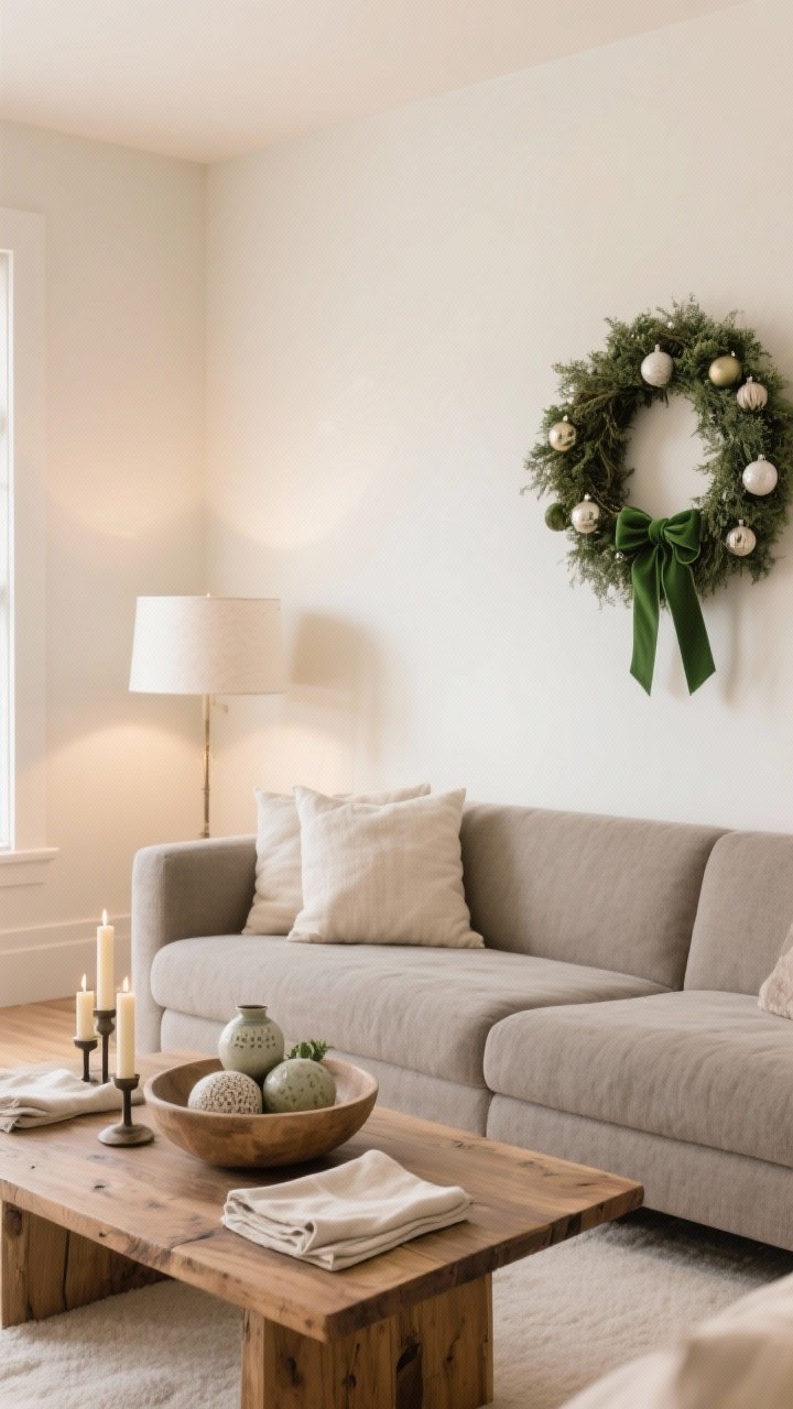 Medium shot of a cohesive neutral palette living space: creams, beiges, and soft grays as the base with a single forest green accent repeated in ribbon on a wreath, ceramic ornaments in a bowl, cloth napkins, and taper candles; natural wood coffee table and warm gray sofa; calm, balanced composition with soft, indirect lighting