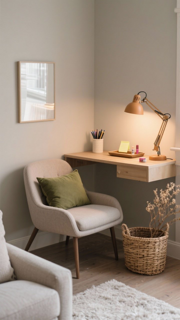 Medium shot of a compact winter work nook in a living room corner: comfy upholstered chair with a lumbar pillow in olive, a warm 3000K swivel task lamp, a small desk with a single tray holding pens, sticky notes, and lip balm; everything else tucked into a woven basket under the desk; a small plant or dried stems for texture; calm, tidy vibe; soft ambient light and subtle reflection on greige walls; corner-angle perspective, photorealistic.