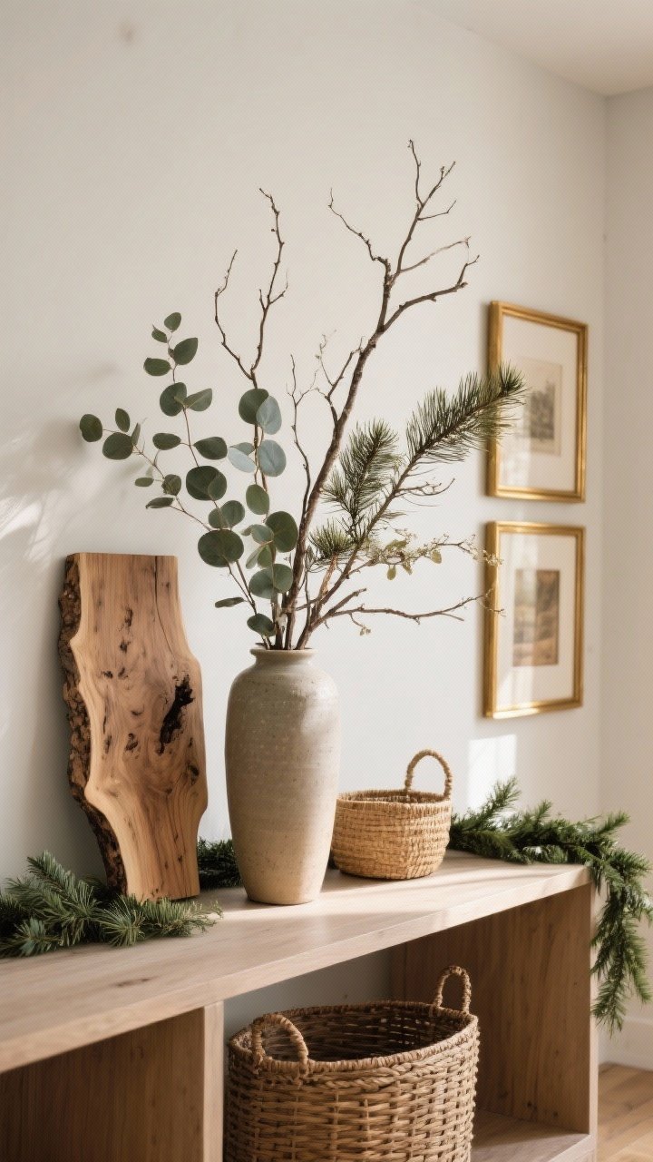 Medium shot of a console styled with natural elements: a tall ceramic vase holding foraged branches (eucalyptus, pine, and a few bare twigs), wood accents including a live-edge board and a cane basket, brass picture frames with warm wood tones around; subtle evergreen garland draped along the shelf for color and scent, soft afternoon light, photorealistic.