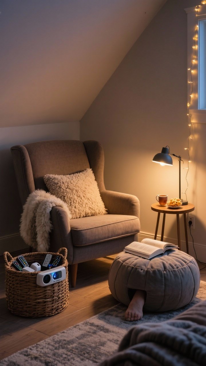 Medium shot of a cozy reading nook/movie den corner: deep armchair with a sheepskin throw and bouclé cushion, a pouf for feet, a small side table with tea and snacks, a focused task lamp for reading plus ambient glow from a nearby lamp or string lights; a woven basket with remotes, chargers, and a compact projector; a folded weighted blanket; warm, inviting evening light, corner angle