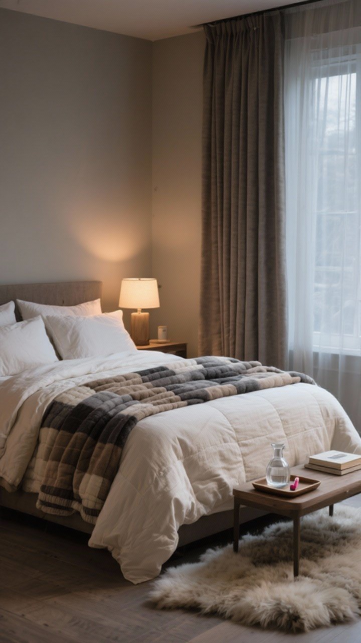 Medium shot of a cozy winter bedroom: layered bedding featuring cotton/linen sheets, a flannel top sheet, a quilt, and a duvet in creamy whites, taupe, and charcoal accents; a breathable weighted blanket folded at the foot; blackout curtains with a sheer layer behind for daytime light; a small sheepskin rug at bedside; nightstand tray with lip balm, a glass water carafe, and a book; warm bedside lamp at 2700K; calm nighttime ambiance; corner-angle perspective, photorealistic.