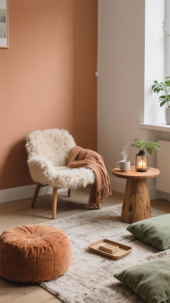 Medium shot of a curated cozy reading nook in a small apartment corner: a low accent chair with wooden legs topped with a faux sheepskin and a soft throw, a round wooden stool as a side table holding a steaming mug, a candle, and a small plant. Add floor cushions and a pouf layered on a neutral rug, with a small lantern providing low light. Include a tray to keep items tidy. Warm neutral palette with touches of terracotta and sage, intimate, inviting, corner perspective, photorealistic.