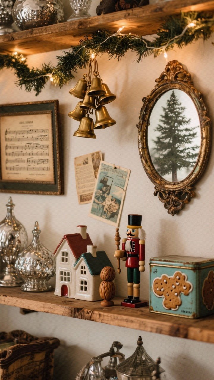 Medium shot of a curated thrifted collection on a wooden shelf: mercury glass pieces, a cluster of brass bells, wooden nutcrackers, ceramic village houses, and vintage cookie tins. Framed antique sheet music and postcards tucked into a garland, and an old mirror with patina reflecting tree lights. Cozy warm lighting, slightly angled perspective.