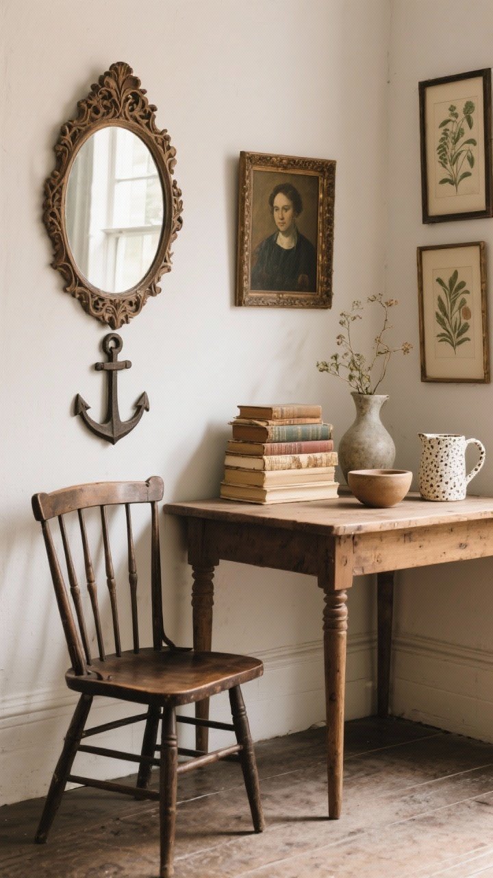 Medium shot of a curated vintage corner: a petite spindle chair beside a solid wood table (vintage anchor), a carved vintage mirror on the wall, a stack of old books with worn covers and creamy pages, a speckled ceramic mug and hand-thrown bowl, a vintage pitcher used as a vase; a small thrifted oil portrait and a botanical print in mismatched frames; balanced composition that feels collected, not cluttered; soft ambient light.