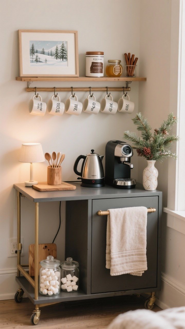 Medium shot of a dedicated hot drink nook: A compact bar cart station with an electric kettle and a small espresso machine, a row of pretty ceramic mugs on hooks, labeled tea canisters, cocoa mix, honey jar, and cinnamon sticks; styling includes a tiny ambient lamp, a framed winter print, a small wooden board with stirrers and spoons, and clear jars of marshmallows and sugar cubes. Add a soft hand towel draped neatly and a sprig of seasonal greenery in a bud vase. Cozy, warm lighting, photorealistic.