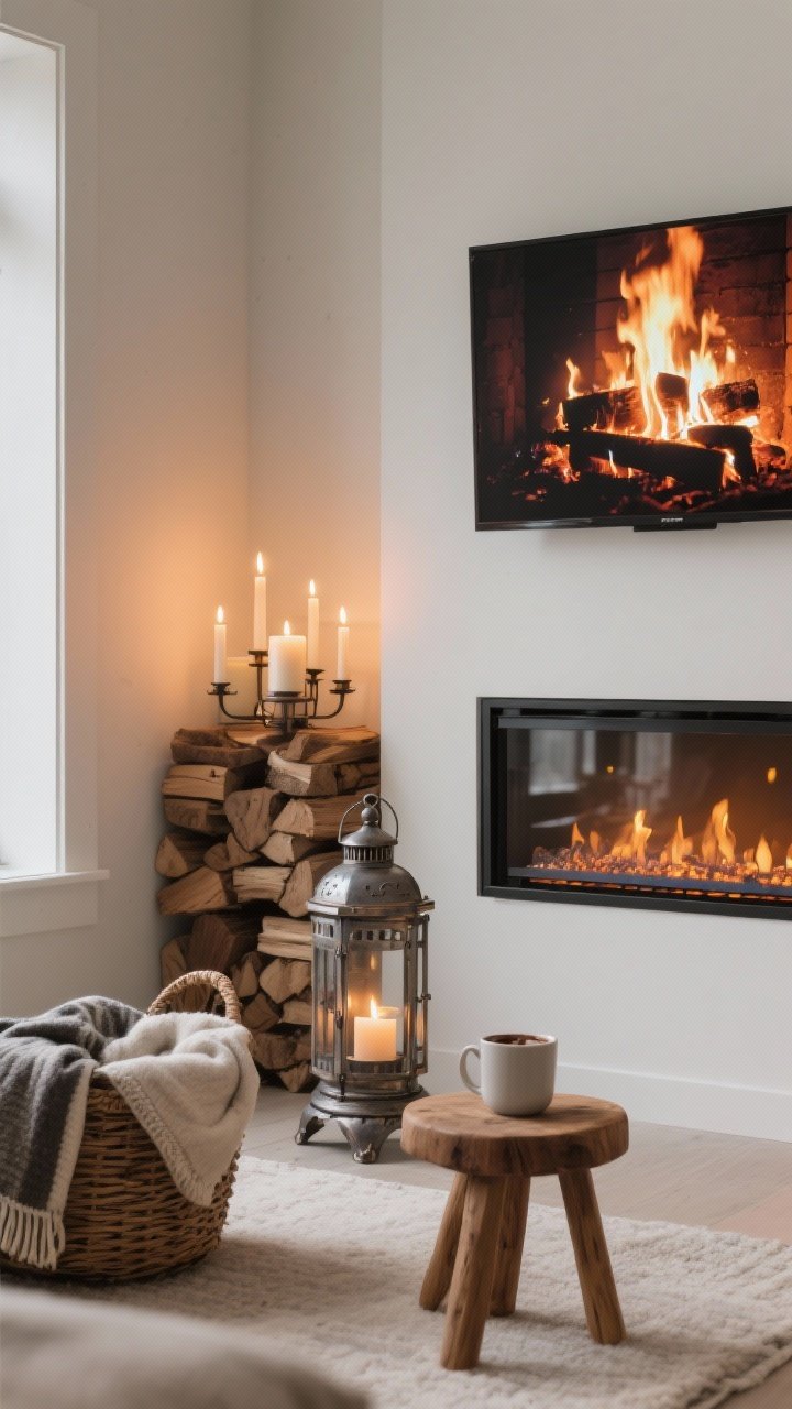 Medium shot of a faux fireside moment: a sleek electric fireplace insert set into a minimalist wall, stacked decorative wood beside it, a metal lantern “cast-iron candle stove” with multiple candles flickering, and a TV above displaying a crackling fireplace video; basket of blankets and a low wooden stool holding a mug of cocoa; warm firelight and candlelight reflections, corner angle