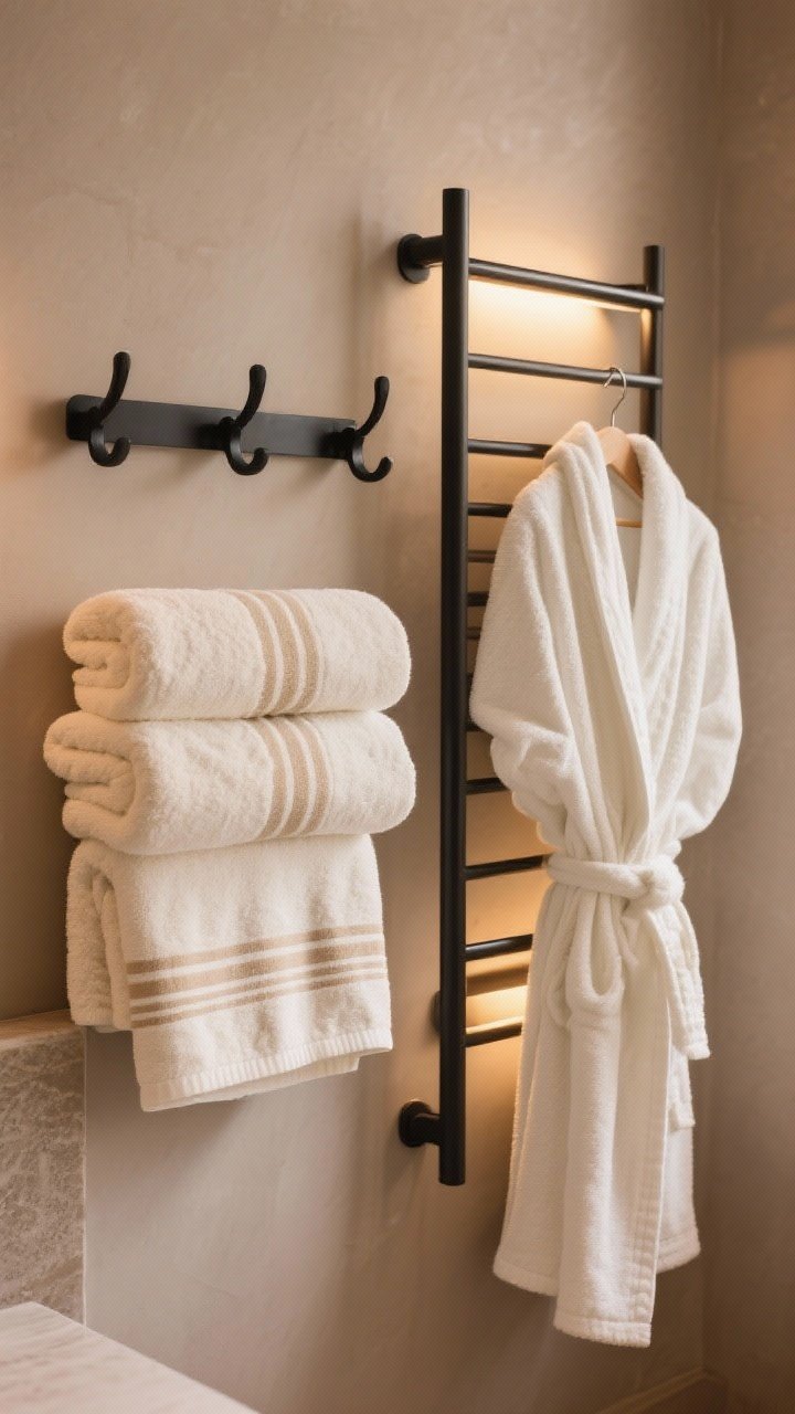 Medium shot of a hotel-inspired towel and robe station: thick, absorbent cotton bath sheets in cream layered with lightweight Turkish hand towels in subtle oat stripes on matte black hooks; an inviting plush robe in soft white hangs beside them; a sleek towel warmer ladder glowing gently; color story in neutrals—cream, oat, clay accents—against a light taupe wall; soft, warm ambient lighting (2700–3000K) for cozy warmth; photorealistic textures showing looped terry and flat-woven Turkish fibers; no people.