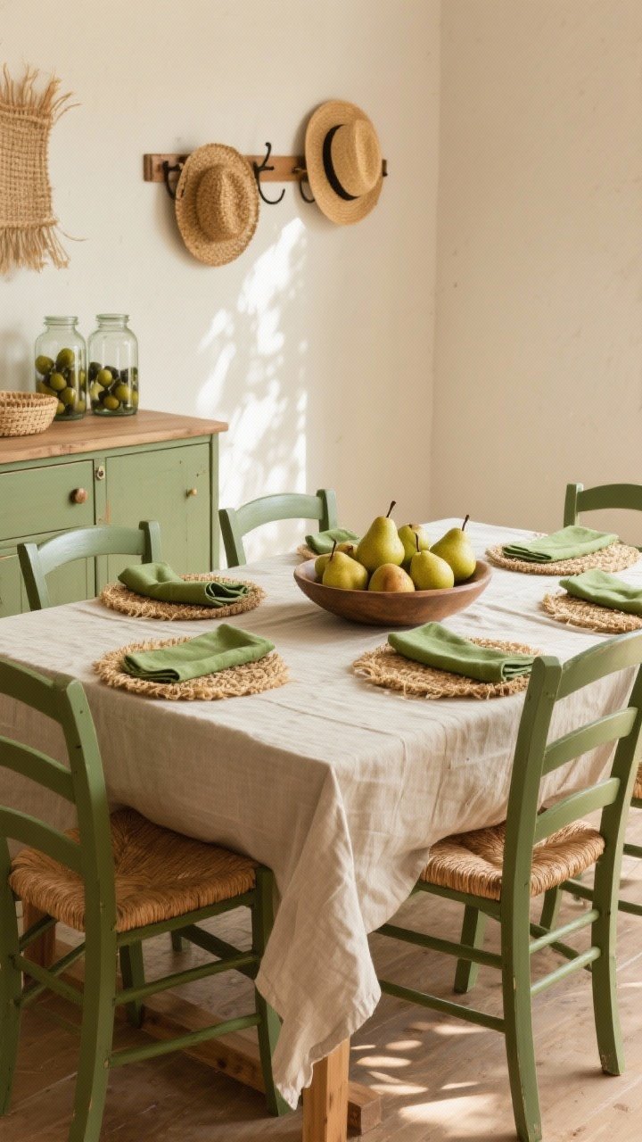Medium shot of a late-summer dining setup: olive-painted chairs around a wooden table dressed with a wheat-toned linen tablecloth, pear green napkins, and a simple centerpiece bowl filled with pears; straw hats on wall hooks, olive jars on a sideboard; natural fibers like seagrass placemats; warm afternoon light.