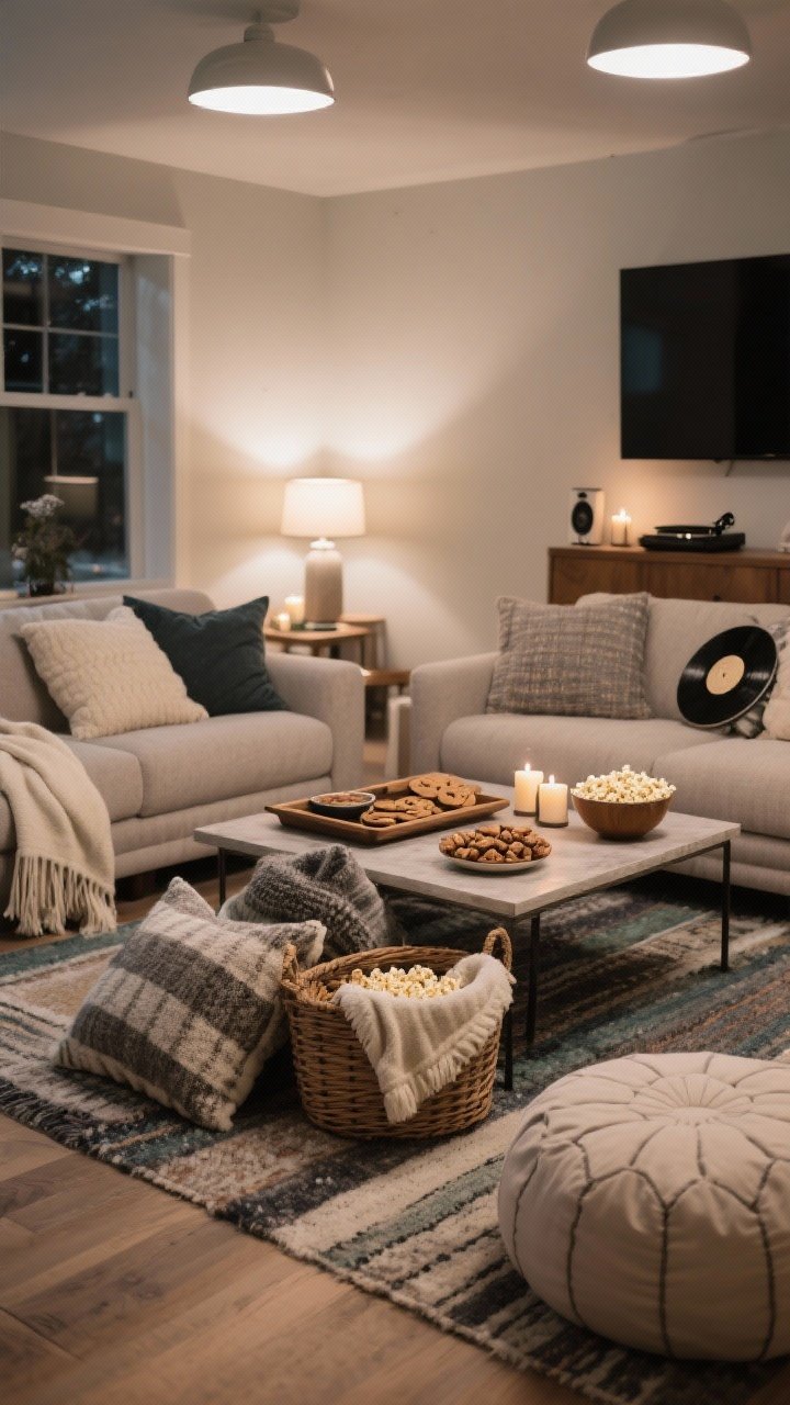 Medium shot of a living room arranged for movie/game night: a blanket basket with 2–3 mixed-texture throws, oversized floor pillows and poufs on a layered rug, a low tray on the coffee table with bowls of popcorn, nuts, and cookies, lamps and candles providing soft cinema-style lighting with overheads turned off; a record player or small speaker hinting at a mellow winter playlist.