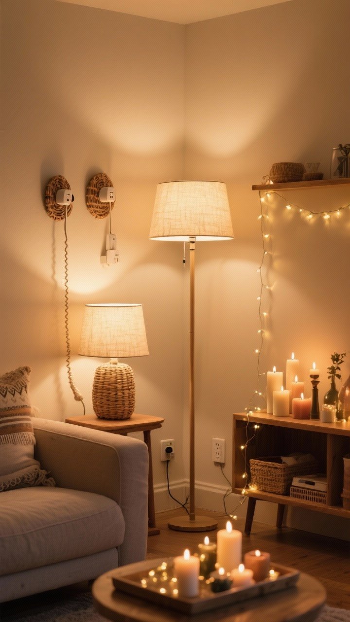 Medium shot of a living room corner bathed in warm, low lighting: plug-in sconces mounted with visible Command hooks and a fabric cord cover, a table lamp and a slender floor lamp both using soft white 2700K bulbs with fabric shades casting a golden-hour glow. Add fairy lights draped along a shelf and a cluster of mismatched candles (LED) on a tray for gentle sparkle. Include a smart plug visible near the outlet. Warm, cozy mood, boho-hygge style, no overhead glare, subtle rattan and linen elements in frame, three-quarter corner angle, photorealistic.
