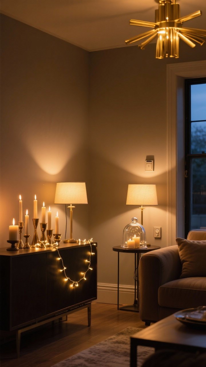 Medium shot of a living room corner curated with layered warm lighting: two table lamps with 2700K warm bulbs creating soft pools of light, a cluster of mixed-height candles in varied holders on a sideboard, and string/fairy lights tucked into a glass cloche for subtle sparkle. Include a smart dimmer switch on the wall. Lamps positioned in corners and near seating, overhead light off. Golden, flattering ambience, moody evening setting, photorealistic.