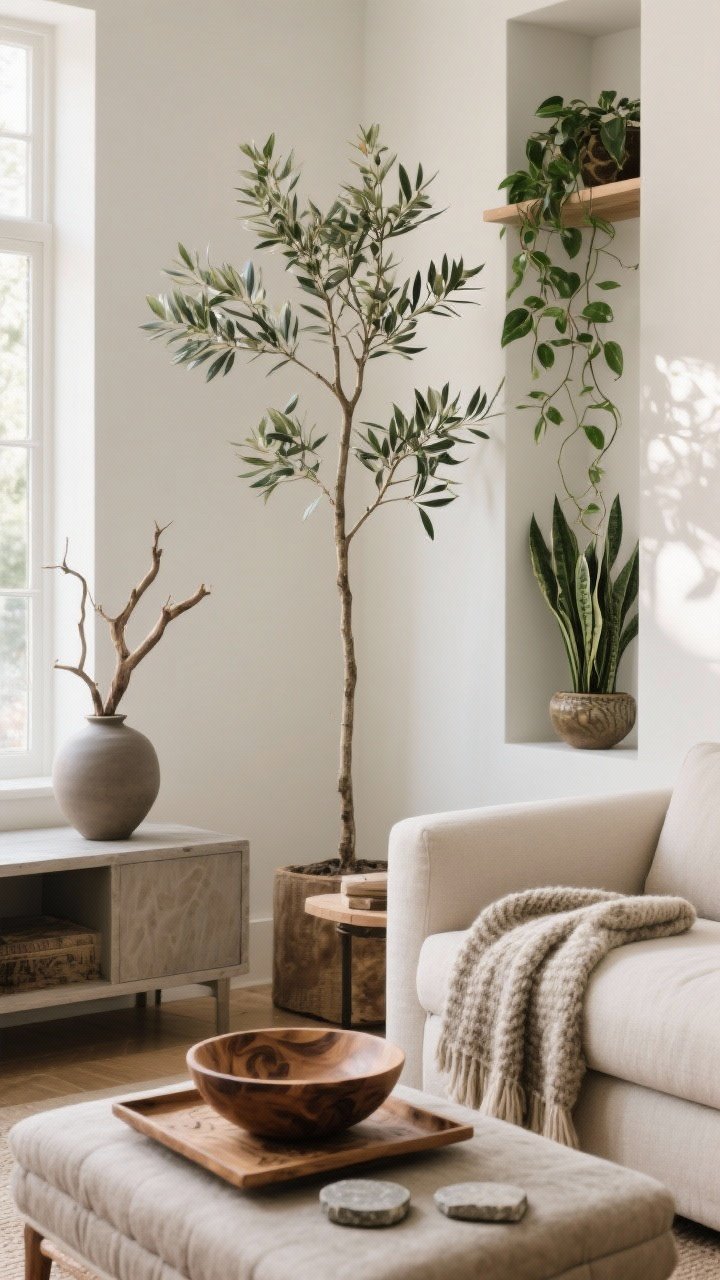 Medium shot of a living room corner: nature brought in without overwhelm—a slender olive tree (faux) for height beside the sofa, a trailing pothos cascading from a high shelf, and a snake plant tucked into a narrow nook; natural materials layered in—a carved wood bowl on the ottoman tray, stone coasters on a side table, a wool throw over the arm; a single sculptural branch in a matte ceramic vase on the console; soft morning light; photographed from a corner angle to show vertical layering.