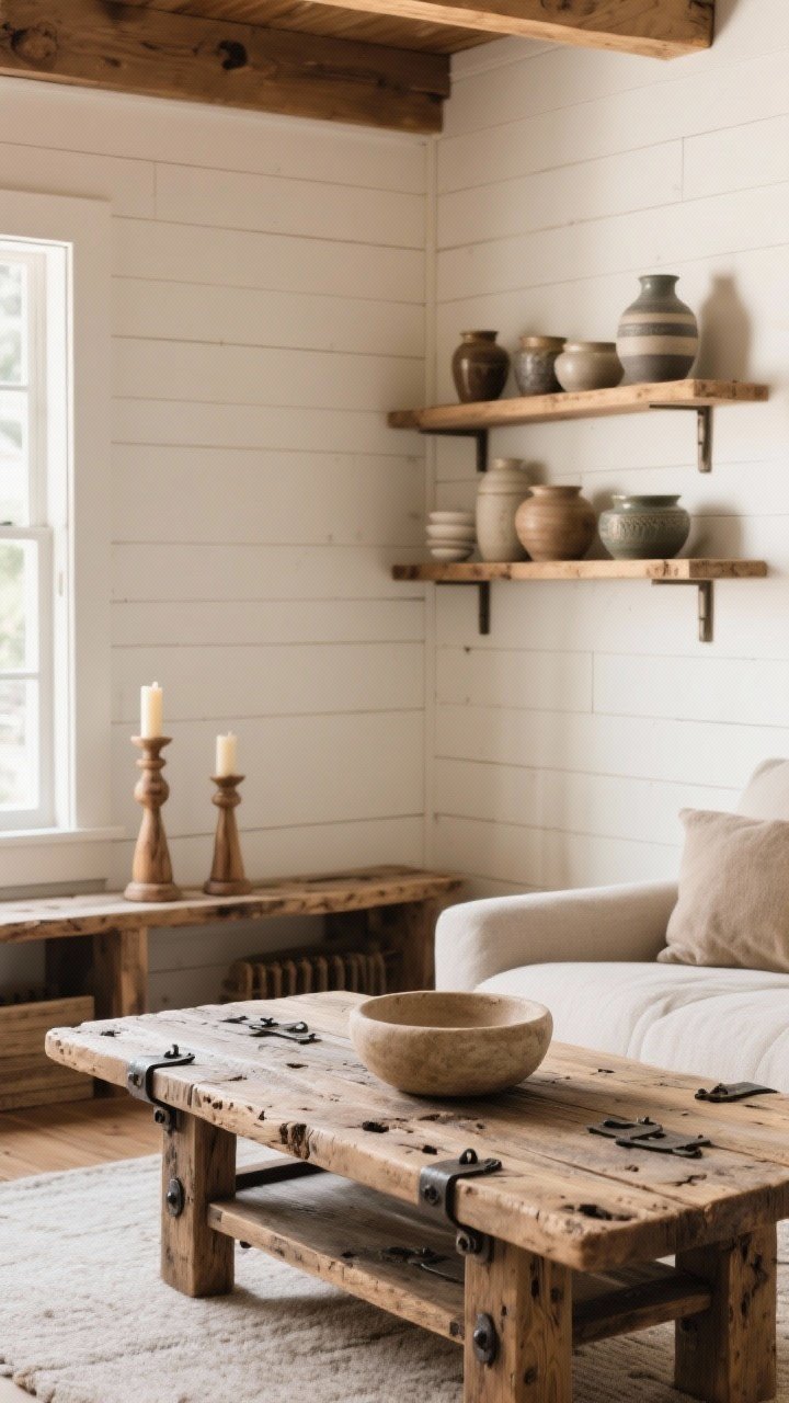 Medium shot of a living room corner showcasing honest, weathered wood: a reclaimed wood coffee table with visible knots and iron hardware, raw oak open shelving on the wall with neatly arranged ceramics, a creamy white shiplap accent wall behind; add wooden candle holders and a dough bowl centerpiece; warm, diffused light to emphasize grain and patina; straight-on perspective for a grounded, cabin-chic composition.