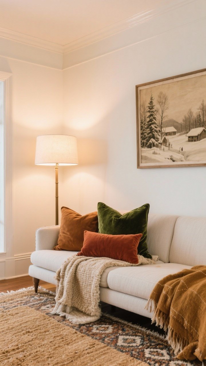 Medium shot of a living room corner styled with a warm palette: warm white walls, camel and caramel accents, deep green velvet pillow, russet and pine-toned pillow covers on a neutral sofa; layered rugs with a warm jute base under a patterned wool rug; vintage winter scene art in sepia tones on the wall; soft, warm 3000K lamp glow, no cool grays.