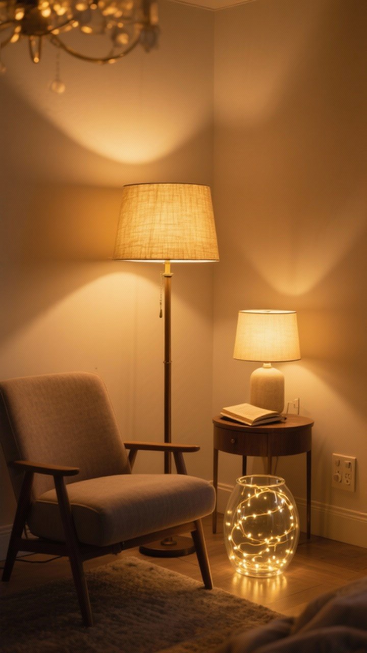 Medium shot of a living room corner with layered warm lighting: a floor lamp with a fabric shade casting soft golden 2700K light, a table lamp on a side table near a reading chair for task lighting, and LED fairy lights coiled inside a clear glass vessel for accent; dimmers set low for a golden glow, warm white bulbs only, no overhead glare, photorealistic, evening ambiance.