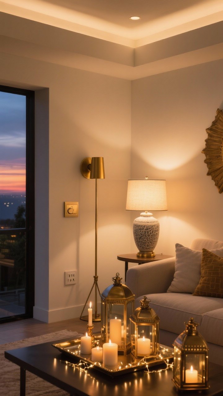 Medium shot of a living room corner with layered warm lighting: a brass floor lamp, a matte gold sconce, and a ceramic table lamp, all using 2700K–3000K bulbs; smart plug dimmer set to a “sunset scene”; mixed lanterns and candles at varying heights on a tray; string lights draped subtly; reflective antique brass accents bouncing light; overhead light off; evening ambiance with soft pools of light; corner-angle perspective, photorealistic.