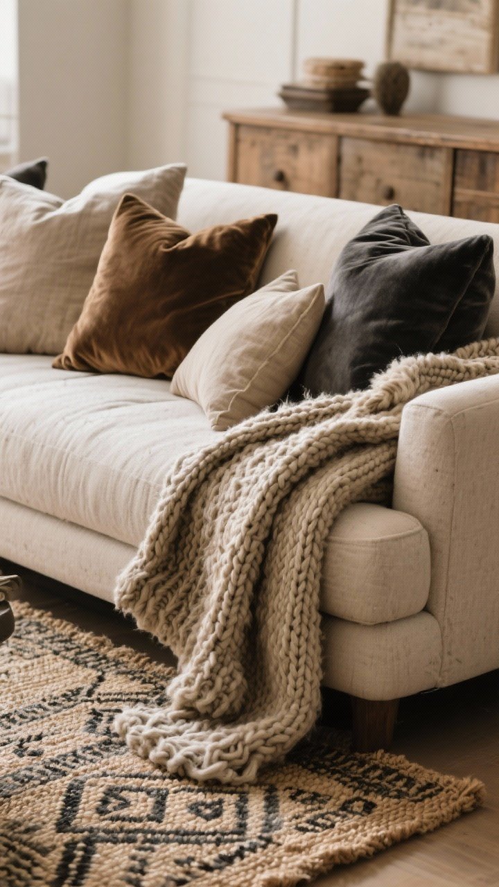 Medium shot of a living room sofa styled as a texture buffet: chunky knit throw draped over the arm, a folded faux-fur blanket layered on top, linen and velvet pillows mixed (earthy neutrals and soft charcoals), with a patterned wool rug layered over a larger jute base underfoot; soft warm lighting, tactile focus, emphasize plush, nubby, and warm textures, straight-on angle