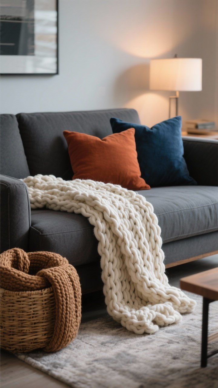 Medium shot of a living room sofa with an oversized chunky-knit throw blanket (50" x 70") in cream casually draped over the arm, paired with a second weighted knit in camel rolled in a woven basket beside the sofa; accent cushions in rust and midnight blue on a neutral charcoal sofa; soft evening ambient light for maximum coziness; clean, modern styling.