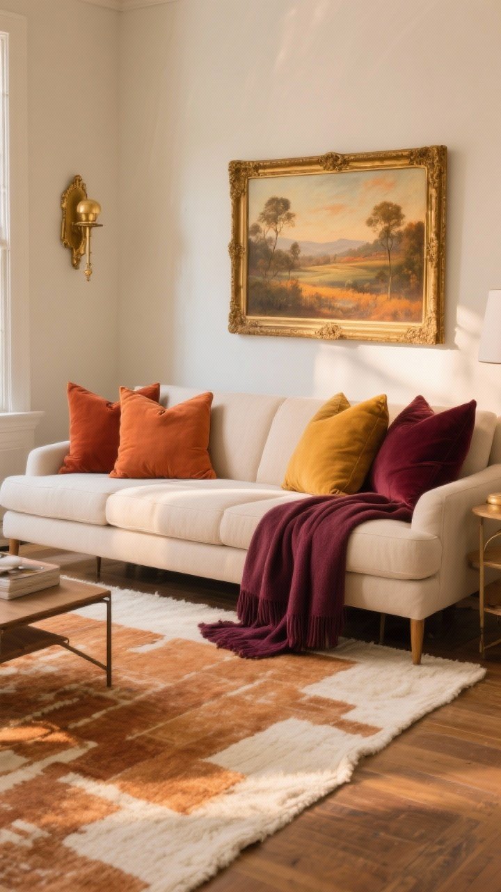 Medium shot of a living room styled with warm palette accents without repainting: camel, rust, ochre, terracotta, and merlot pillows on a neutral sofa; a warm-toned rug in cream and caramel grounding the space; a throw in deep berry over the armrest; art featuring vintage landscapes with warm undertones; brass/antique gold frames and hardware catching a quiet glow. Late-afternoon warm light, cohesive, inviting color story.