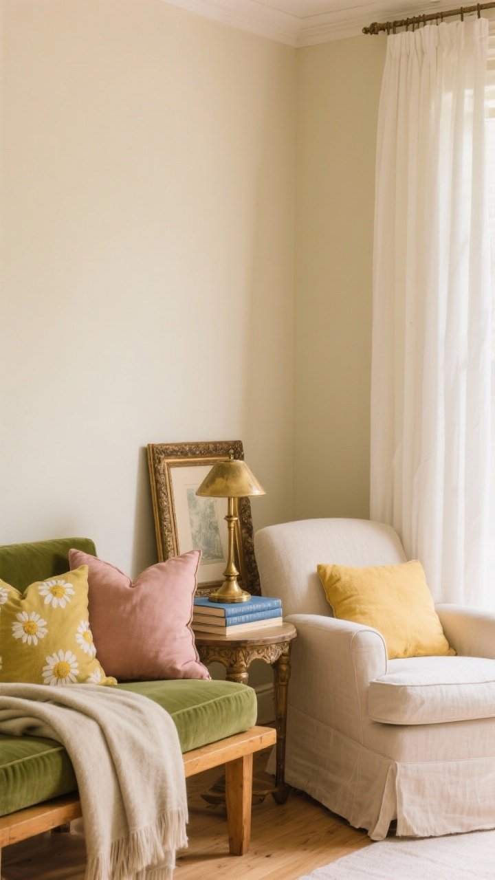 Medium shot of a living room vignette showcasing a soft, earthy palette: walls in warm cream, a sage green cushion on a honeyed wood bench, dusty rose pillow on a linen armchair, soft blue book spine on a side table; antique brass picture frame and aged gold lamp base (no chrome); warm white curtain panels; textiles doing the color work—sage, blush, and chamomile yellow accents in throw pillows and a folded blanket; gentle diffuse daylight.