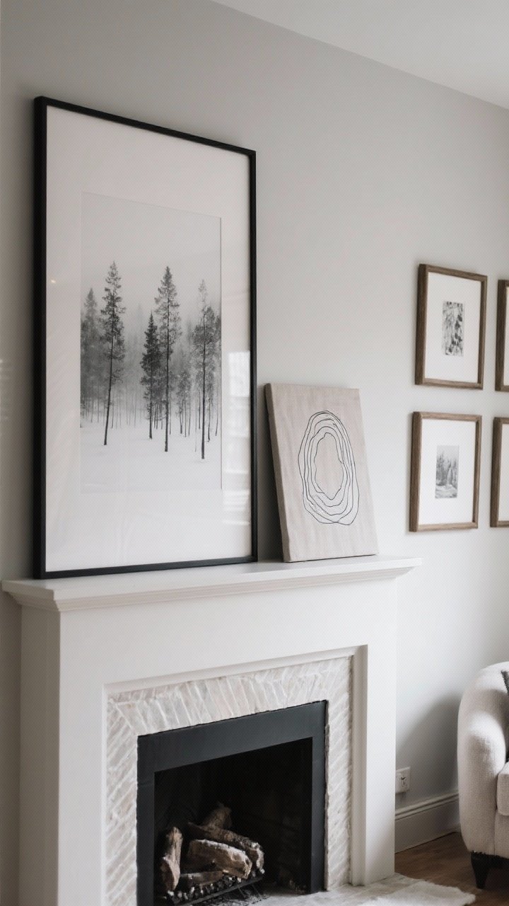 Medium shot of a mantel and gallery wall refresh: foggy forest print, a minimalist black-and-white line drawing, and a snowy abstract rotated into existing frames; one larger monochrome piece leaning casually on the mantel; a small linen-textured canvas panel framed for quiet depth; soft, indirect daylight for a curated, moody winter vibe
