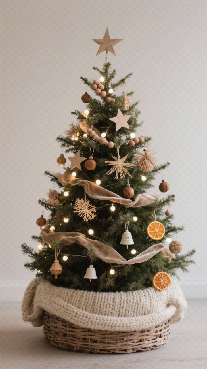 Medium shot of a minimal, nature-forward Christmas tree: warm white neutral lights evenly placed; natural ornaments including wood beads, paper stars, straw ornaments, dried orange slices, and small ceramic bells; loose velvet ribbon draped gently; base wrapped in a chunky knit throw within a woven basket collar; topped with a simple star; soft evening glow