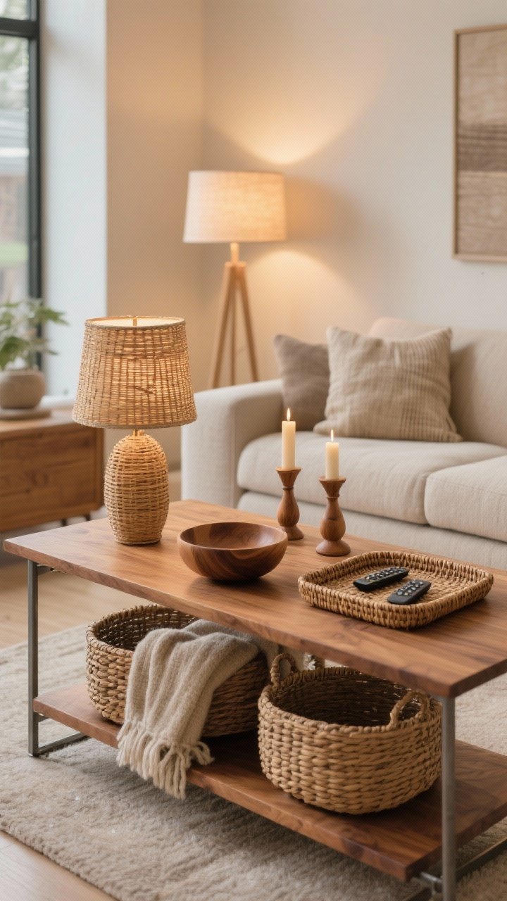 Medium shot of a modern living room vignette focused on natural materials: A warm oak or walnut side table replaces a metal one; wooden bowls and candle holders decorate the surface; woven wicker baskets store throws, a rattan lamp adds texture, and a woven tray corrals remotes; wool and linen textiles on the sofa keep lines clean and contemporary; warm neutral palette under cozy lamplight, photorealistic.