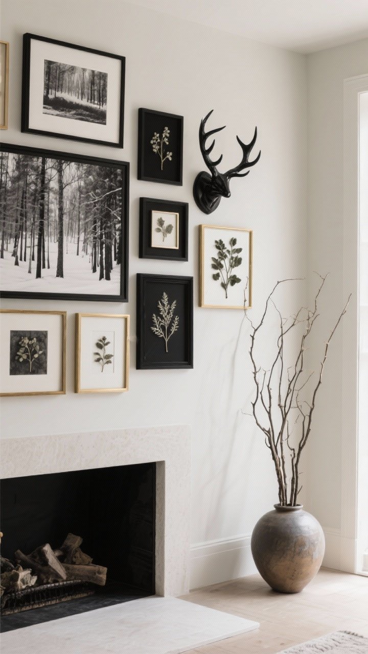 Medium shot of a nature-inspired art wall and decor arrangement: black-and-white photography of winter forests in matte black frames, pressed botanicals in slim brass frames, sculptural resin antlers on the mantel, and tall branches in an oversized ceramic vase; pieces loosely grouped and some leaning for a collected feel; neutral backdrop, soft daylight for gallery-like calm.
