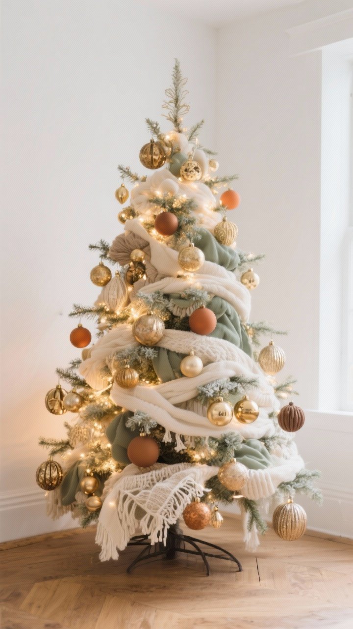 Medium shot of a neutral boho Christmas tree styled with a calm palette: base tones of warm whites, cream, oatmeal, muted sage, and gingerbread brown; accents of antique gold and aged brass in brushed-metal ornaments and champagne-finish baubles; a subtle pop of terracotta on a few matte ornaments; restrained, cohesive color blocking with 2–3 main colors and one accent; soft ambient lighting with a gentle golden glow; straight-on view capturing the tree against a white wall and natural wood floor, no people.