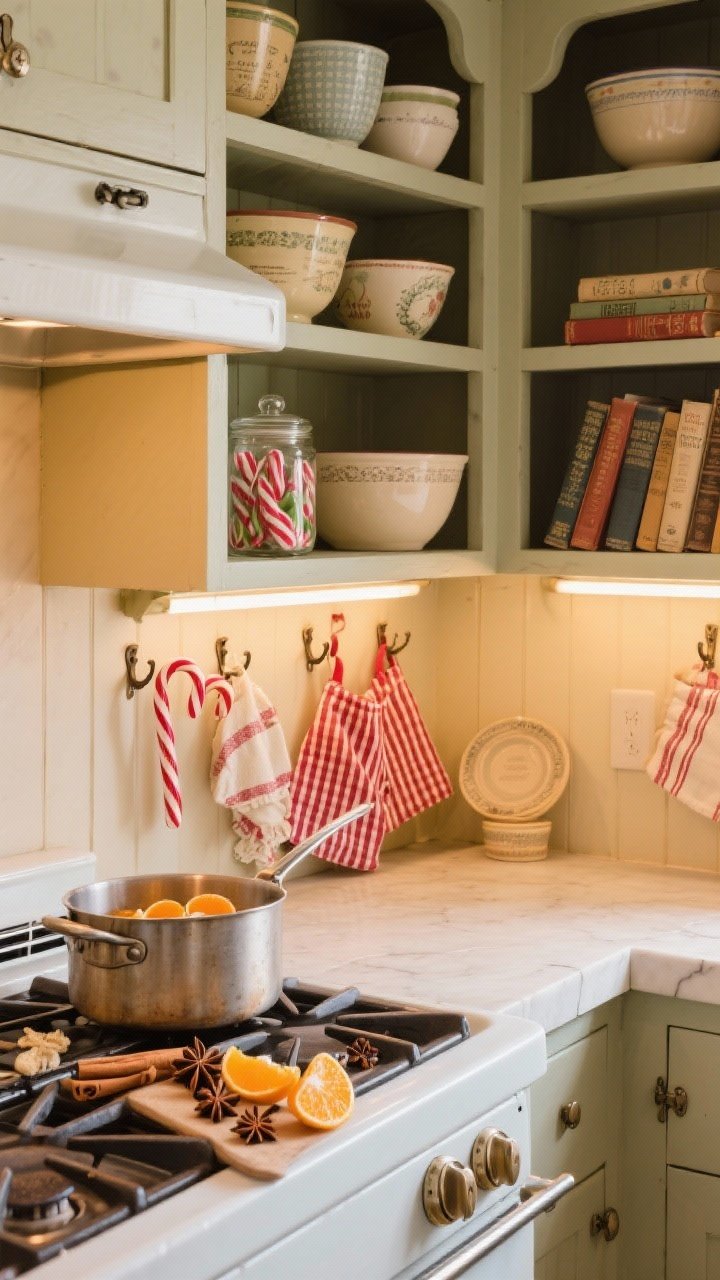 Medium shot of a nostalgic kitchen corner: open shelves displaying mixing bowls, vintage cookbooks, and a glass jar of candy canes; hooks with gingham and red-striped aprons and tea towels; a simmer pot on the stove with visible orange peels, cinnamon sticks, cloves, and star anise. Warm task lighting under cabinets, inviting and functional.