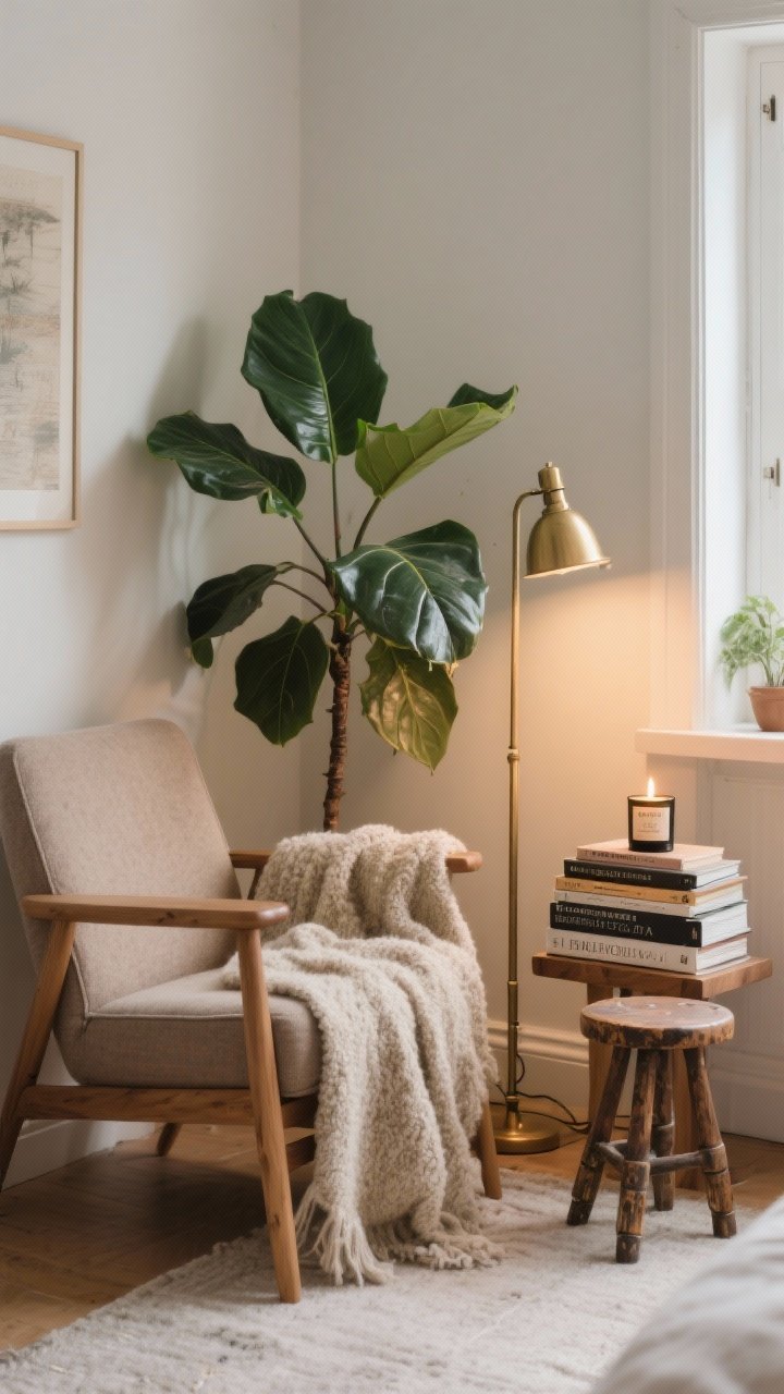 Medium shot of a personalized hygge nook: a reading corner vignette with a rubber plant beside a brass floor lamp, nubby throw over a comfy chair, wooden side table stacked with curated books, one forest-library scented candle lit; textures include natural wood and soft textiles, gentle ambient light, a small surprising touch like a vintage stool as a plant stand, calm and lived-in, photorealistic.
