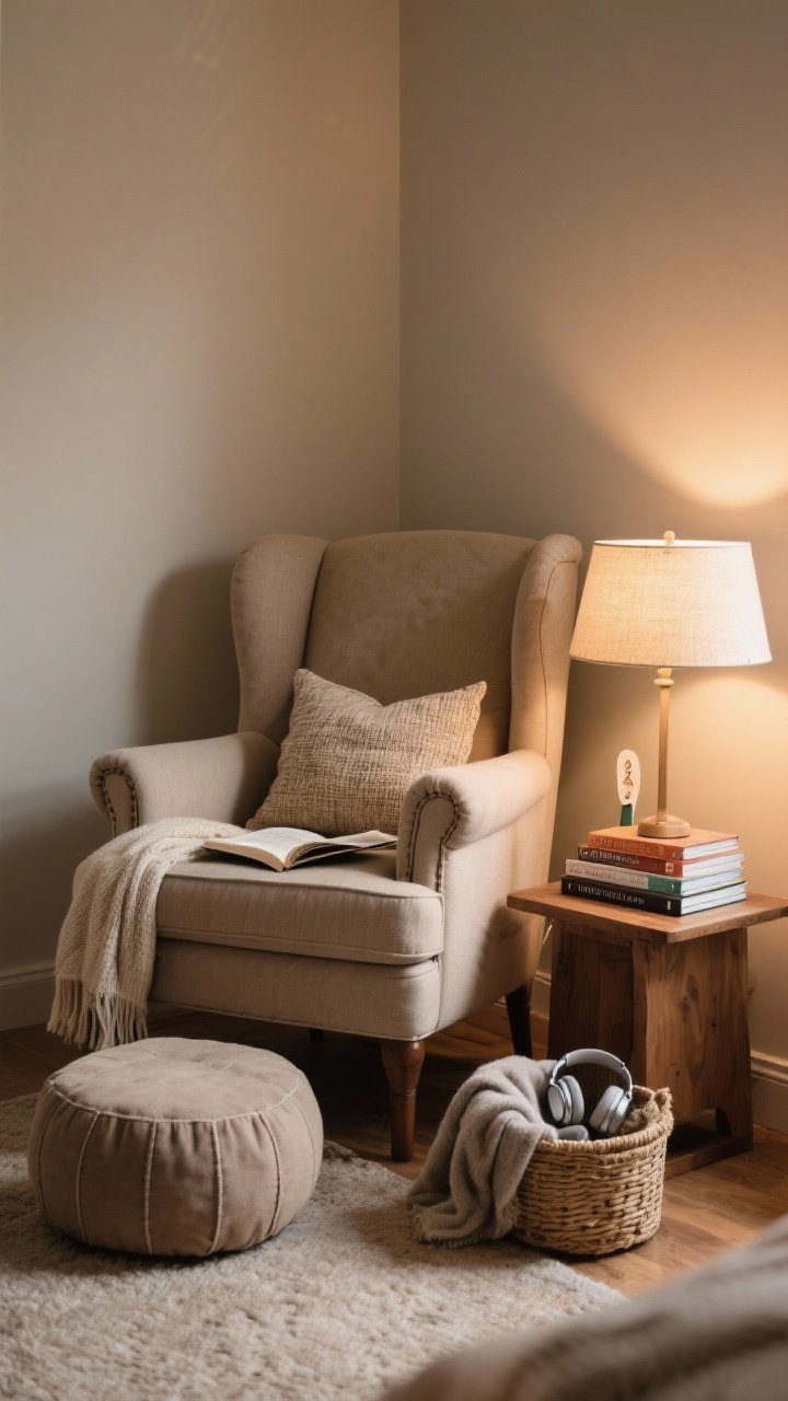 Medium shot of a phone-ditching reading nook: comfy wingback chair with a lumbar pillow and textural throw, a low wooden side table holding a stack of current reads and a real bookmark, a soft-shaded reading lamp aimed for hours-long comfort; a footrest/pouf in front; small basket with blankets and headphones nearby; warm, cozy light