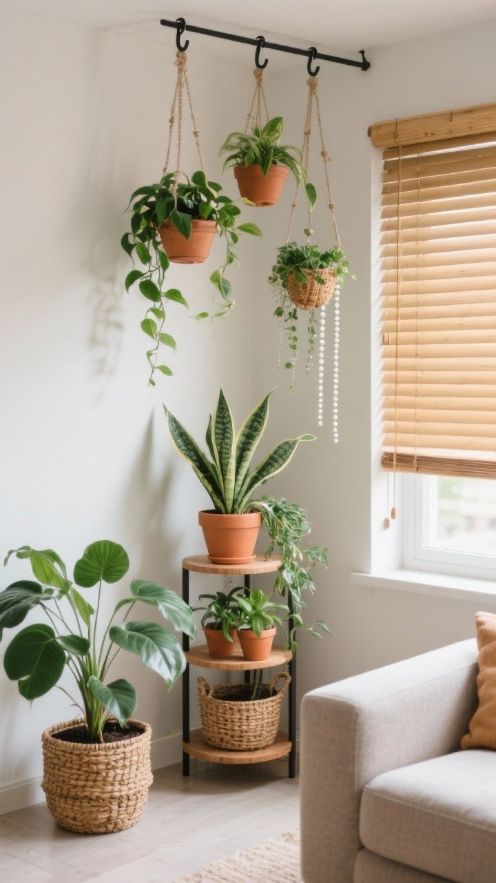 Medium shot of a practical plant setup in a small living room corner: ceiling hooks supporting hanging planters with pothos and string of pearls, a compact tiered plant stand holding snake plant and ZZ plant, a mix of real and high-quality faux greens for fullness; bamboo shade filtering natural light, terracotta and woven baskets as planters, clean floorspace preserved, photorealistic, no people.