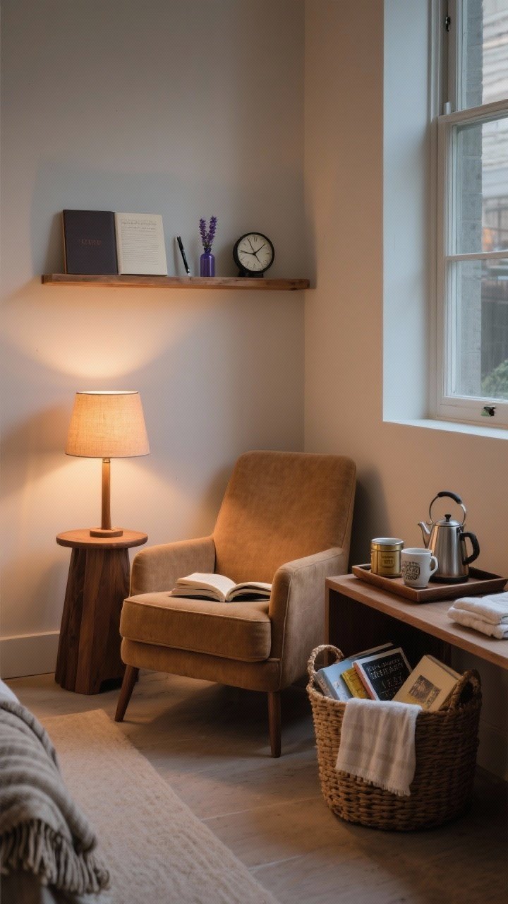 Medium shot of a ritual corner: a reading nook with a comfy chair in camel fabric, a small side table holding a warm-shaded lamp, a basket with throws and current reads; nearby, a compact tea and coffee station on a tray with mugs, a kettle, loose-leaf tins, and a folded linen towel; a wind-down shelf above with journal, pen, lavender oil, and an analog clock; placed away from high-traffic clutter, ample breathing room, serene evening lamp light.