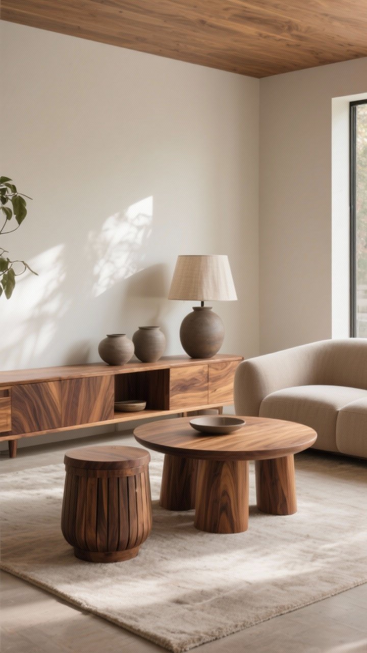 Medium shot of a seating vignette mixing authentic wood and soft shapes: a ribbon-grain walnut media console, a rounded-edge coffee table, drum side tables, and a low-slung softly curved sofa; contrast with matte ceramic vessels and a linen lampshade to soften hard surfaces; warm wood tones dominate; natural afternoon light; serene, sanctuary-like mood; photorealistic.