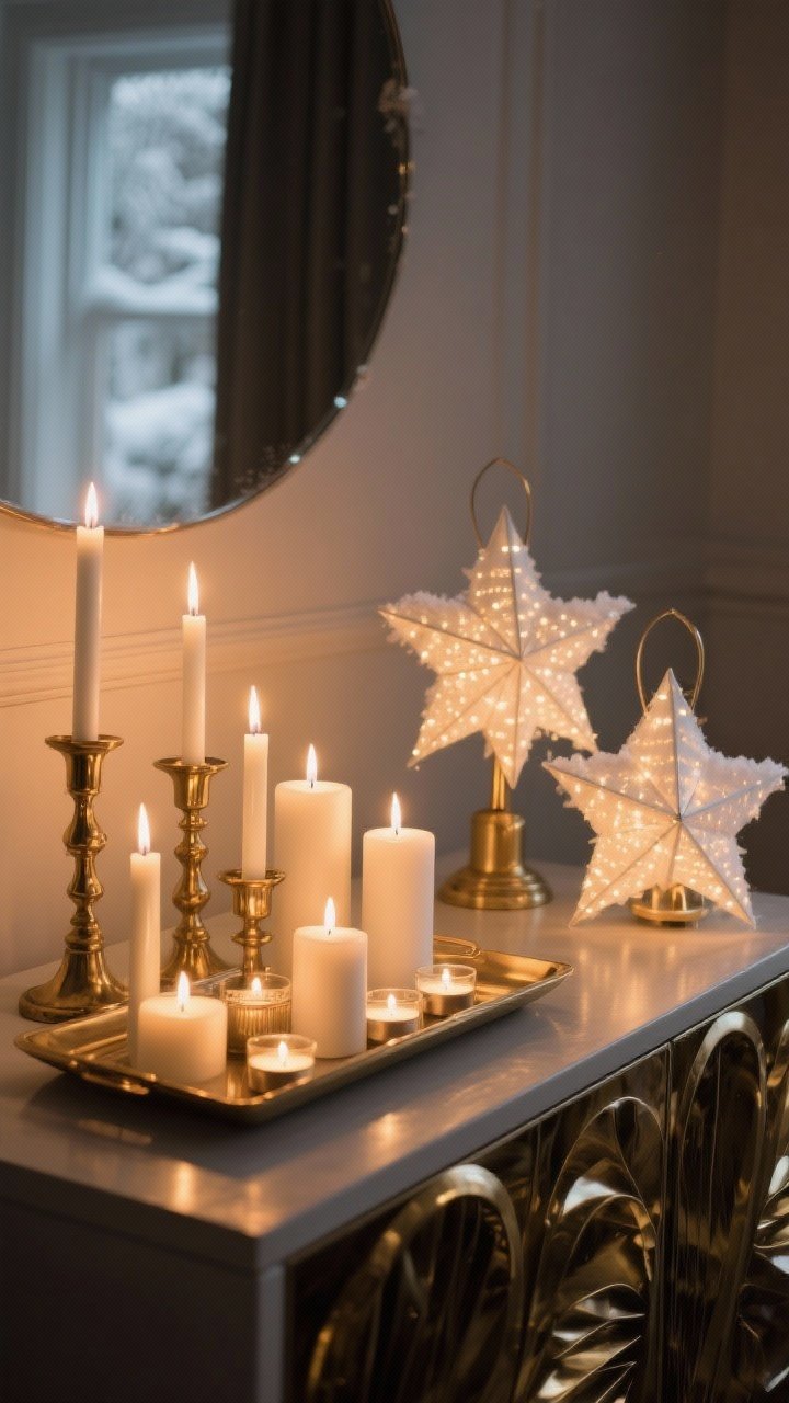 Medium shot of a sideboard vignette with warm candle glow: clustered candles of different heights including brass candlesticks with tapers, white pillars, and tea lights on a tray; metallic brass accents reflecting light; a pair of paper star lanterns with hidden LED candles casting a diffused snow-lit glow; dim ambient lighting, soft shadows, no harsh light