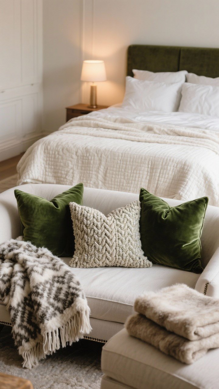 Medium shot of a sofa and bed styled for winter layers: living area sofa draped with one heavyweight knit throw and one patterned wool/faux fur throw; pillows in the “rule of three”—solid forest green velvet, a small-scale patterned pillow, and a textured bouclé/cable-knit pillow; bedroom with ivory flannel sheets, a quilted coverlet as the middle layer, a lofty duvet, and a folded wool blanket at the foot; subtle warm lamp lighting.